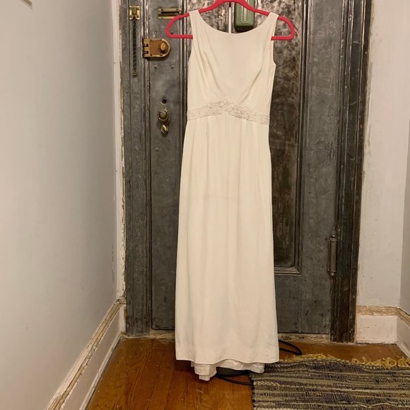 Vintage Dresses & Skirts - Vintage 60s evening gown sleeveless scoop back White beaded waist column elegant